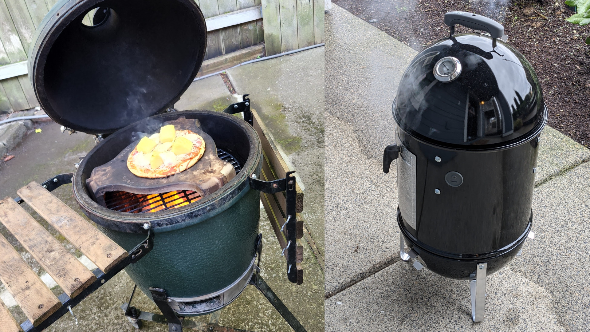 Green Egg pizza and Weber smoker